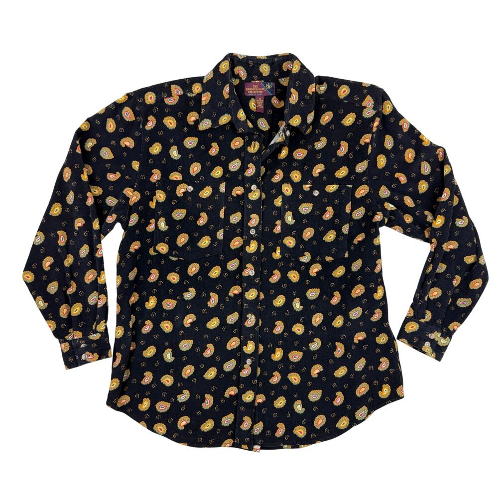 Vintage Harbour Gate Cotton Corduroy Paisley Shirt Black Size M 90s Western